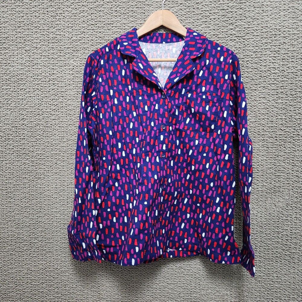 Women’s Purple Abstract Cotton Pajama Set Long Sleeve Button Top Pants Size L